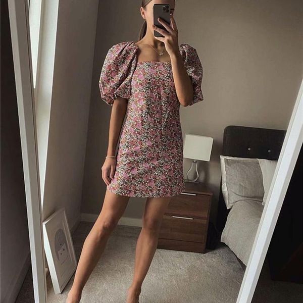 

party dresses women vintage floral vestidos print puff sleeve mini dress female retro square collar casual slim streetwear, White;black