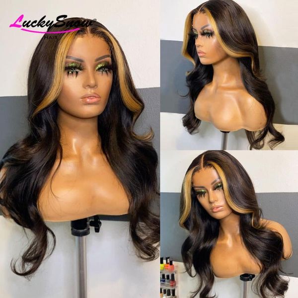 

lace wigs highlight wig human hair ombre honey blonde front for black women brazilian body wave part 150%, Black;brown