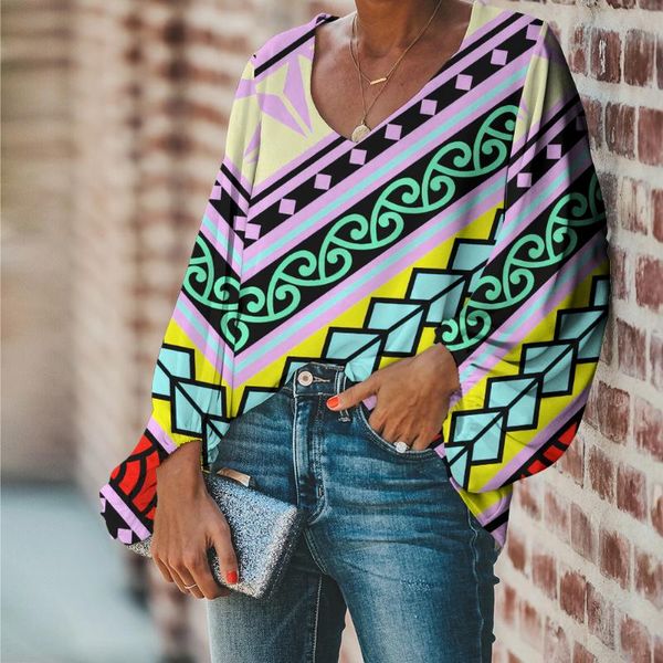 

forudesigns large size traditional polynesian prints women blouse 2021 casual loose long sleeve v-neck shirts 2021, White