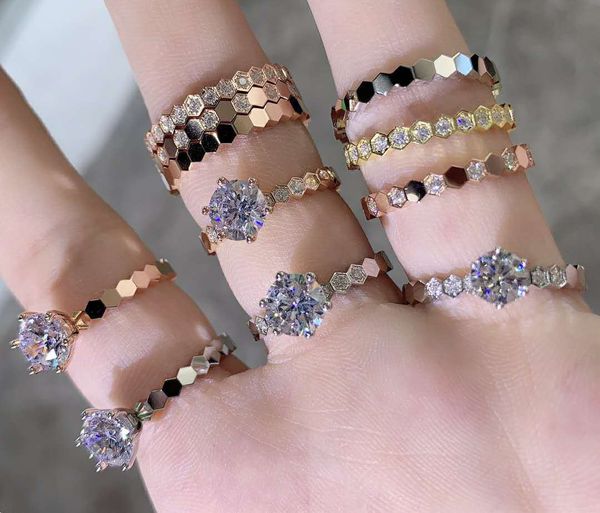 

six prong honeycomb ring female silver plated 18k rose gold ins light luxury folding couple gift, Golden;silver