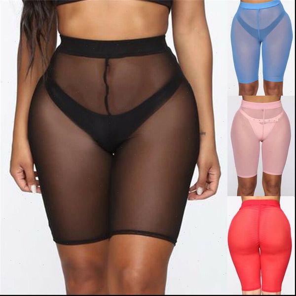 

2021 summer shorts women see through slim fit mesh elastic sports leggins high waist short femme perspective shorts, White;black