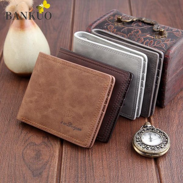 

bankuo 2021 new men's leather wallets simple fashion short purse men's vintage sewing thread thin wallet classic coin purse c114, Red;black