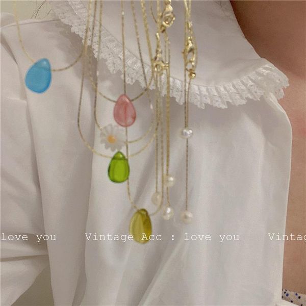 

pendant necklaces women's colorful waterdrop necklace with freshwater pearl acrylic flower for female vintage neck chain trendy jewelry, Silver