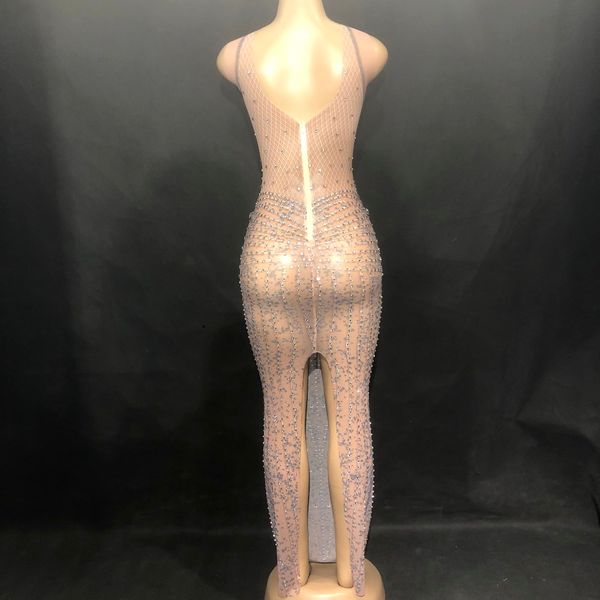 

women stage bling long dress net yarn full of glass sparkling crystals sleeveless nightclub party dancer singer stage wear, Black;red