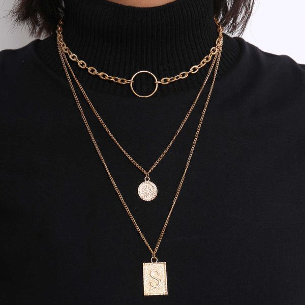 

jewelry simple geometric chain female personality ring letter tag overlay necklace, Silver