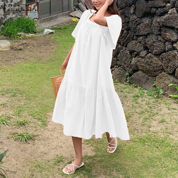 

party dresses stylish square neck dress women's summer sundress 2022 casual short sleeve mid-calf vestidos female solid robe oversize, White;black