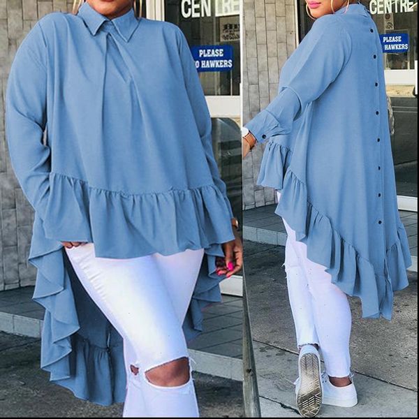 

celmia spring winter women ruffled hem collar long sleeve blouse casual soild back buttons loose shirt blusas 5xl, White