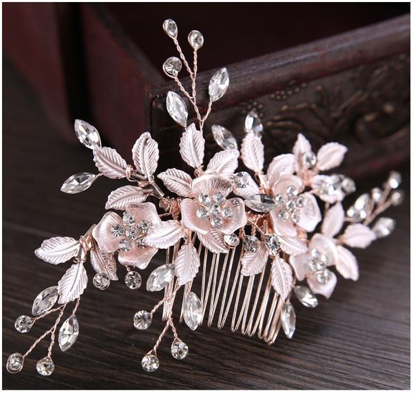 

trendy silver color rose gold flower hair comb bridal hair accessories wedding tiara hair ornaments bride jewelry qyllnh