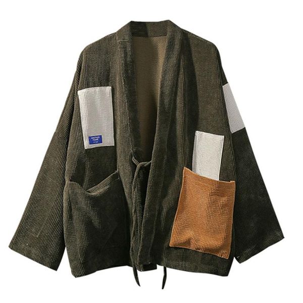 

men's jackets japan style men corduroy kimono jacket color-blocking patched design drop shoulder haori oversize loose thin coat, Black;brown