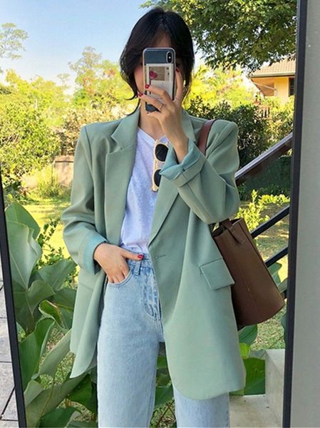 

women's suits & blazers chic loose light green women blazer summer one button female suit jacket full sleeve outwear blaser femme sprin, White;black