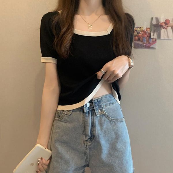 

women's t-shirt 6511 knitted women 2021 fashion casual thin short ice silk color contrast female basic clothes tee, White