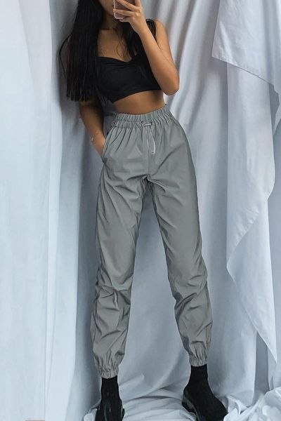 

women sweatpant flash reflective night jogger hip hop pants 2021 fashion casual gray streetwear lacing harem pants plus size, Black;white