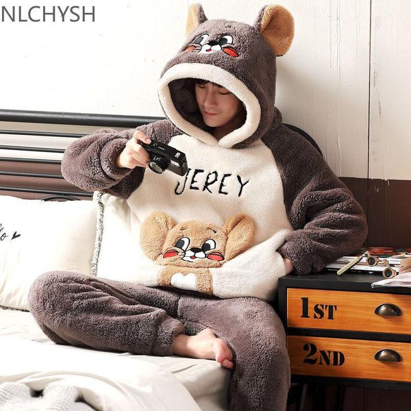 

men's sleepwear pajamas winter coral velvet thickened plush warm spring and autumn flannel home clothes suit 2021, Black;brown