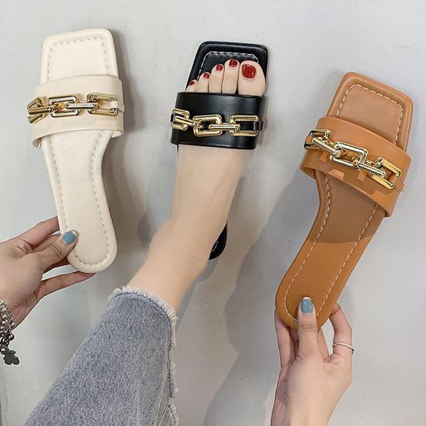 

women slippers summer fashion chain design open toe flat shoes solid color outdoor personality 2021 punk sandals women shoes, Black