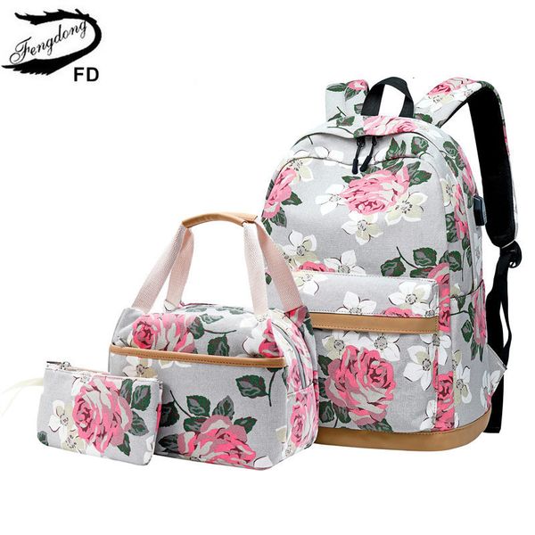

fengdong 3pcs/set korean style flower canvas backpack children floral book bag set school bags for teenage girls bagpack, Black;red