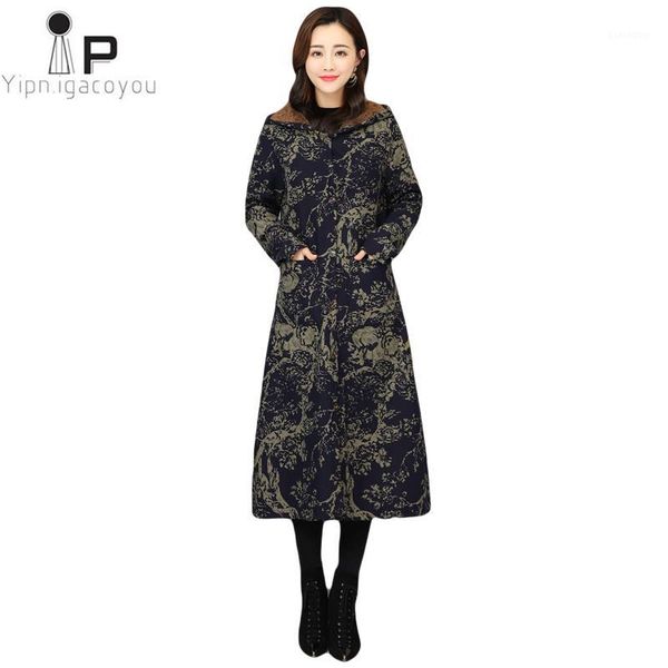 

vintage winter warm women floral printed hooded coat fashion long thick cotton linen parka plus size jacket outerwear 3xl1, Black