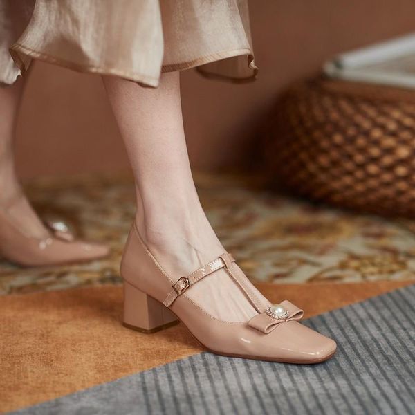 

fashion ladies party shoes high heels new spring 2021 real leather square toe pearl crystal t-strap mary jane shoes pumps woman, Black