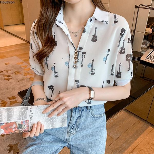 

women's blouses & shirts chiffon loose casual blouse buttons shirt summer fashion short sleeve printing houthion, White