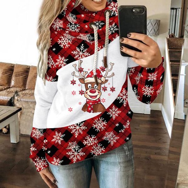 

women's hoodies & sweatshirts christmas women autumn winter elk snowflake print contrast splice scarf collar hoodie long sleeve drawstr, Black