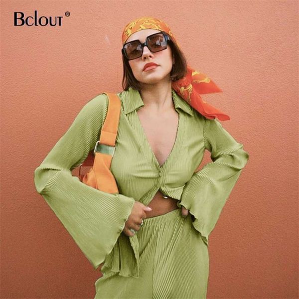 

bclout summer green vintage women suit flare sleeve shirt and high waist pants two peice set autumn streetwear loose woman set 210925, White