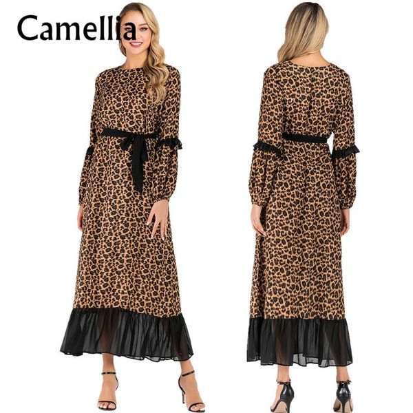 

casual dresses fashion full lantern sleeve leopard pring dress contrast color ruffles patchwork ankle length a line muslim sash, Black;gray