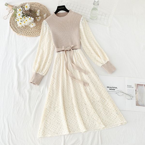 

2021 new elegant lace patchwork casual women winter knitted sleeve slim long midi party 11zz, Black;gray