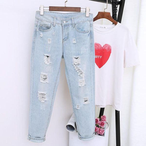 

women's jeans 2021 boyfriend women ripped hole high waist femme vintage harem pants casual streetwear plus size mom 5xl k578, Blue