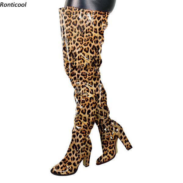 

boots ronticool hand artcraft women winter thigh shiny chunky heel round toe 8 colors party shoes us size 5-20, Black