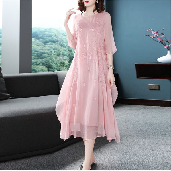 

casual dresses dress brand chinese summer fashionable women exquisite embroidery 3/4 sleeve mid-calf white pink pg32, Black;gray