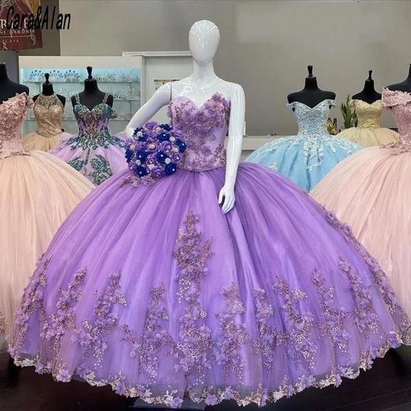 

gorgeous lilac quinceanera dresses 3d floral applique sweetheart neckline lace up back floor length ballgown princess sweet 16 party vestido, Blue;red
