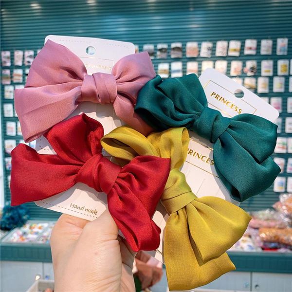 

korea children simple beautiful colorful imitation silk bow duckbill clip fashion sweet girl princess hairpins hair accessories, Slivery;white