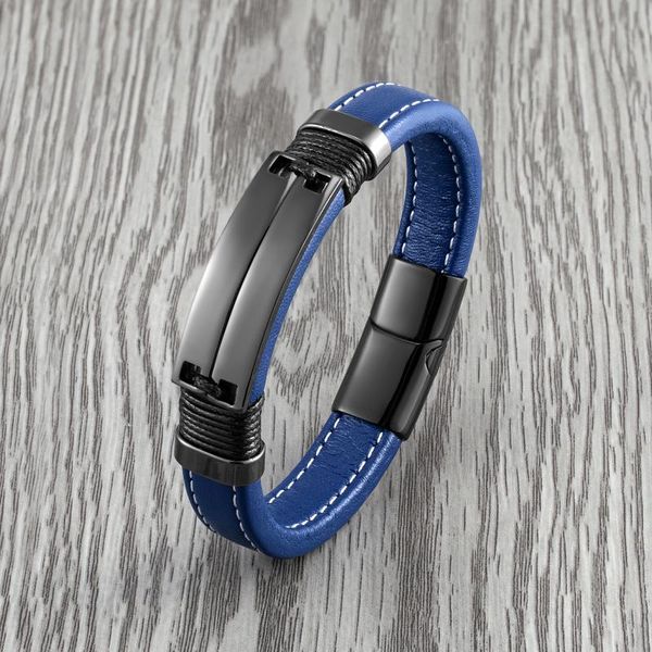 

charm bracelets 2021 fashion punk style double row smooth multicolor stainless steel men's bracelet blue wide leather cord, Golden;silver