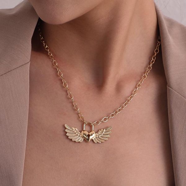 

pendant necklaces gold chain angel wing lock choker necklace alloy boho collier vintage bohemia women jewelry gifts, Silver