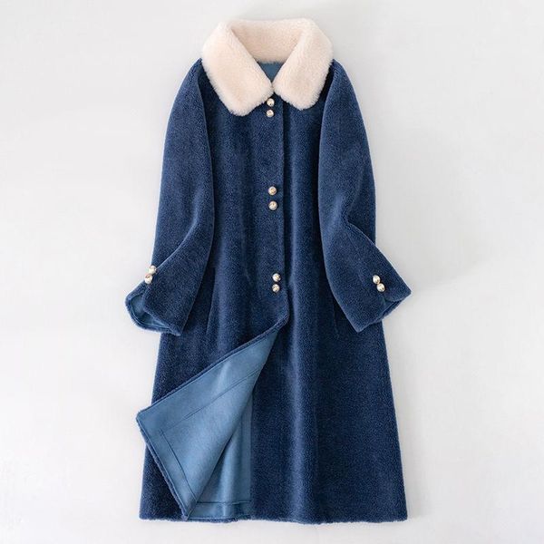 

women's fur & faux 2021 women winter fashion genuine wool coats female sheep shearing outwear ladies long solid real lamb jackets u695, Black