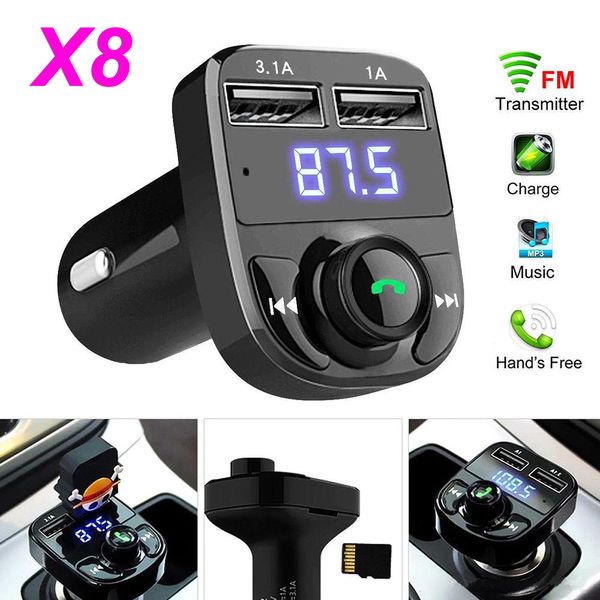 Caricatore doppio USB X8 Trasmettitore FM vivavoce per auto senza fili Bluetooth Lettore MP3 con ricarica rapida 3.1A