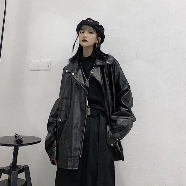 

women's leather & faux japanese fashion women loose moto jacket chic streetwear long sleeve coat outerwear korean high street black top