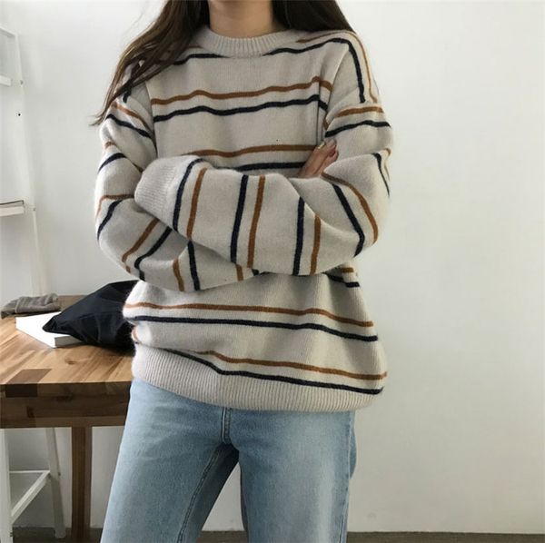 

female pullovers soft autumn o-neck chic daily of women sweater sweet striped student harajuku mesh loose outwear fg6a, White;black