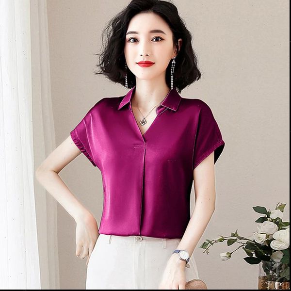 

korean fashion silk women blouses satin solid short sleeve pink women shirts plus size xxxl womens and blouses, White