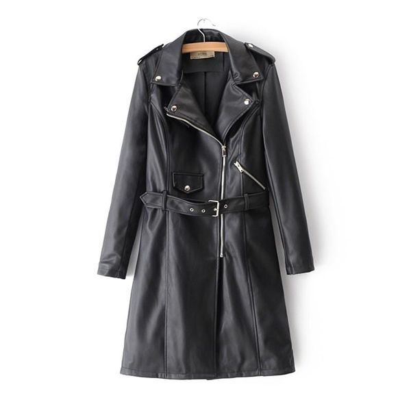 

women's leather & faux fitaylor autumn winter women biker jacket lapel vintage pu long design coat belt slim pocket jackets, Black