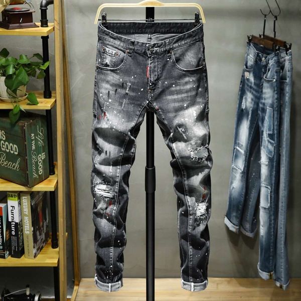 

personalized stitching hole jeans men's fashion casual slim pantswinter, Blue