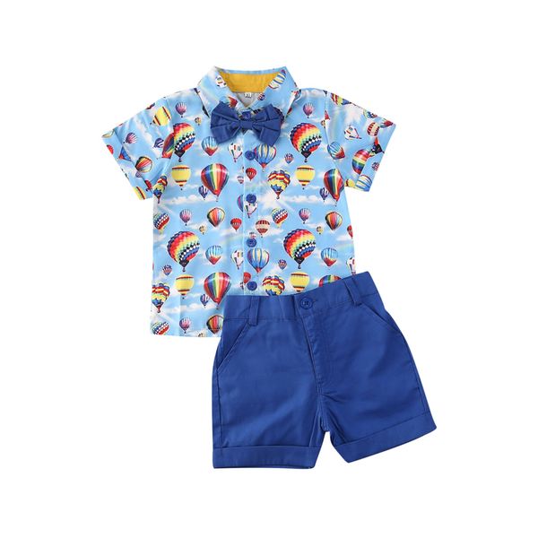

2pcs set summer infant baby boys gentleman clothes sets cartoon animal print bow shirts +shorts kids boys clothing, White