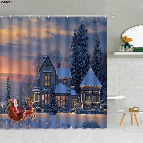

shower curtains christmas tree festival theme curtain santa claus elk fireplace retro bookshelf scenery bathroom fabric decor