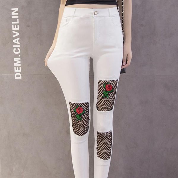 

2021 autumn women bodycon ripped fishing net pants slim thin leggings slack lady high waist pencil pants female cropped trousers, Black;white