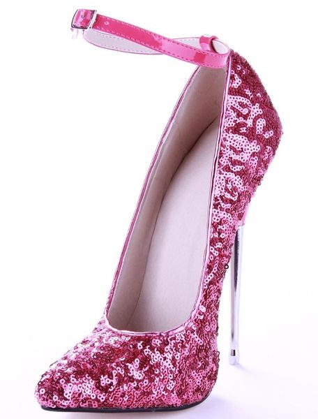 

dress shoes spring autumn sequin pumps women pointed toe metal heels super high sky ankle strap bride big size, Black