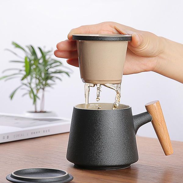 

mugs tea separation cup with filter wooden handle ceramic mug creative leak separated office flower