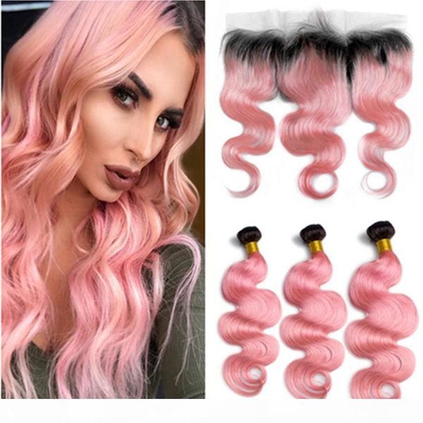 

peruvian ombre pink human hair 3bundles body wave with full lace closure 13x4 #1b pink ombre lace frontal with human hair weave wefts, Black;brown