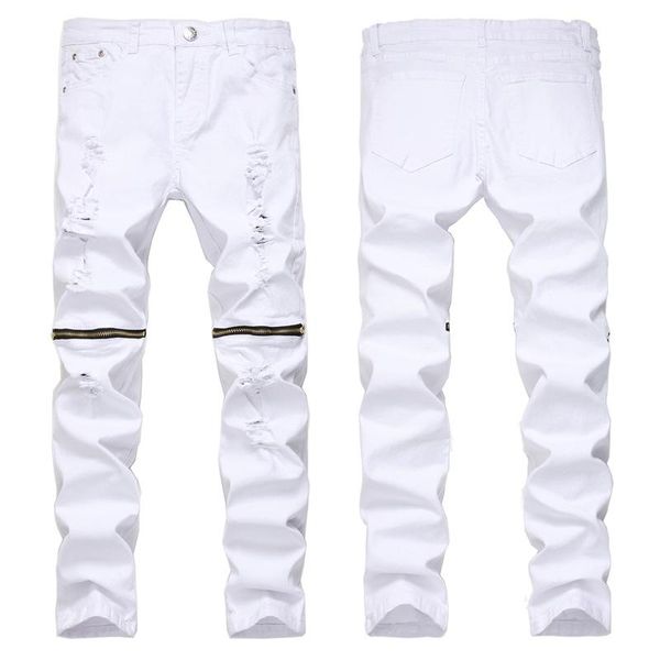 

2021 men's high street knee ripped zipper jeans youth stretch slim fit skinny jeans, Blue