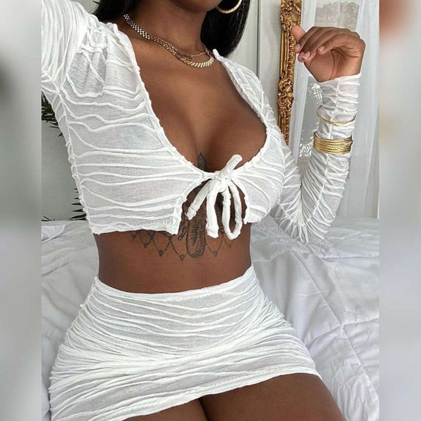 

new autumn and winter 2020 women's long sve square neck t-shirt hip short skirt casual suit for women, White