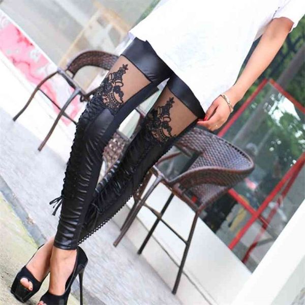

punk women leggings embroidery lace up skinny pu leather trousers patchwork pants sec88 210925, Black