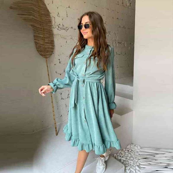

corduroy ruffle casual long sleeve womens dress o neck button sashes vintage a line party knee autumn winter, Black;gray